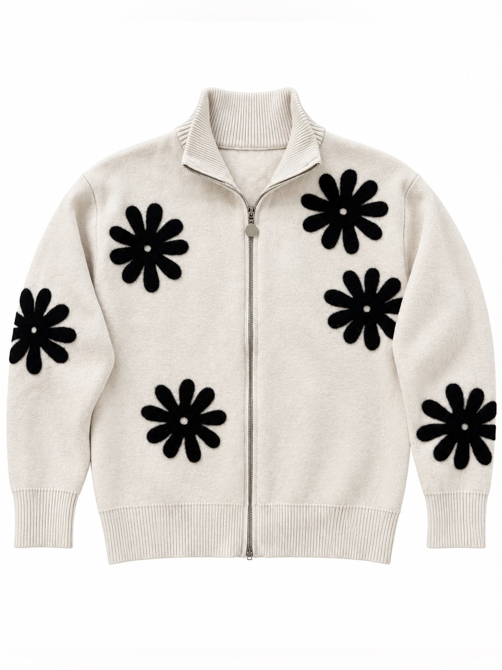 Sioni Floral Appliqué Zip Front Sweater Jacket Ivory Black M